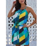 Blue Color Block High Neck Sleeveless Tied Waist Sexy Dress