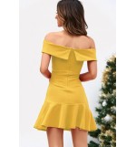 Yellow Off Shoulder Ruffles Hem Sexy Party Dress