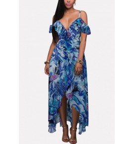 Blue Print Spaghetti Straps Ruffles Sexy Chiffon Dress