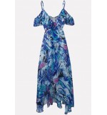 Blue Print Spaghetti Straps Ruffles Sexy Chiffon Dress