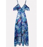Blue Print Spaghetti Straps Ruffles Sexy Chiffon Dress